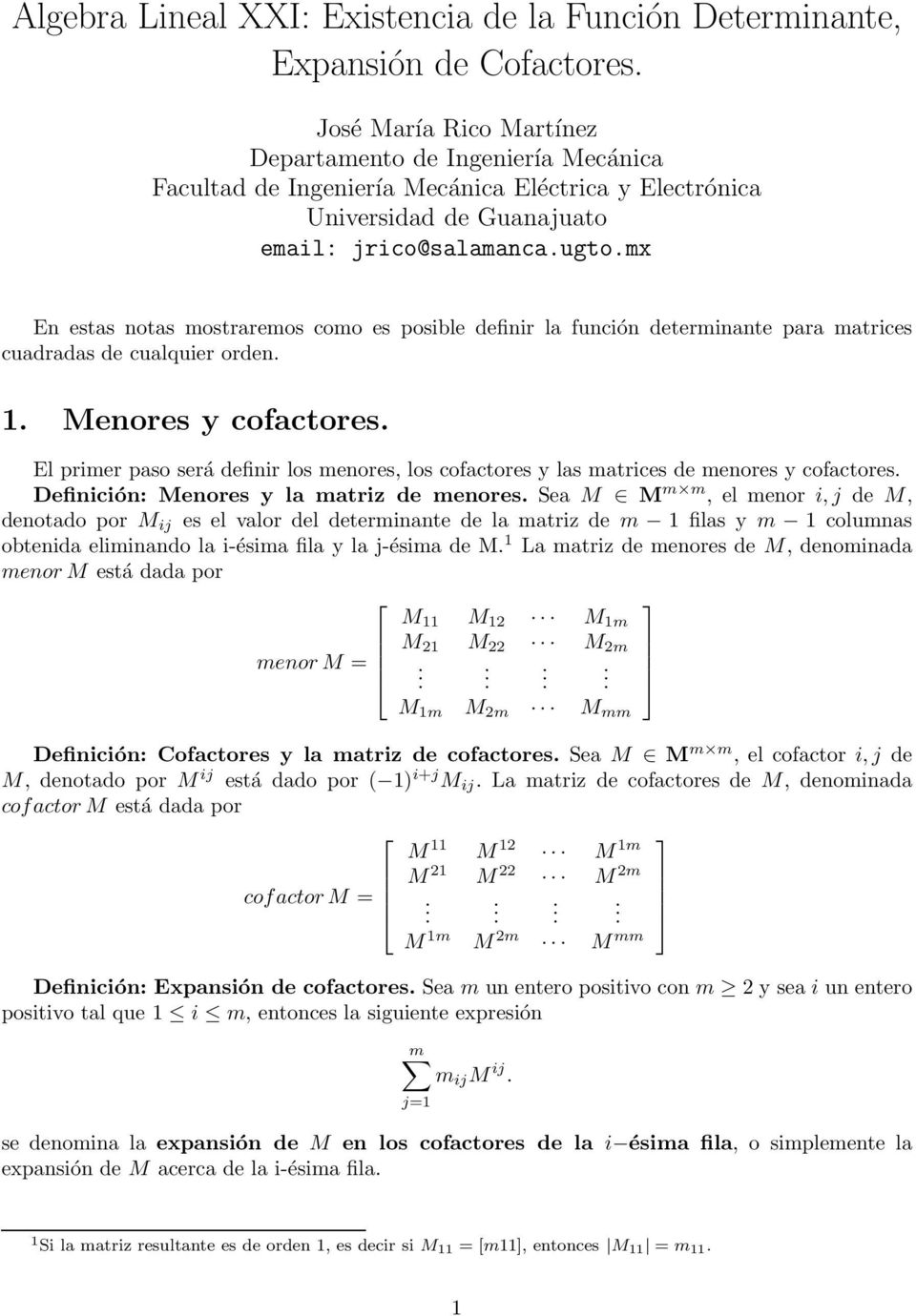 mx En estas notas mostraremos como es posible definir la función determinante para matrices cuadradas de cualquier orden. 1. Menores y cofactores.