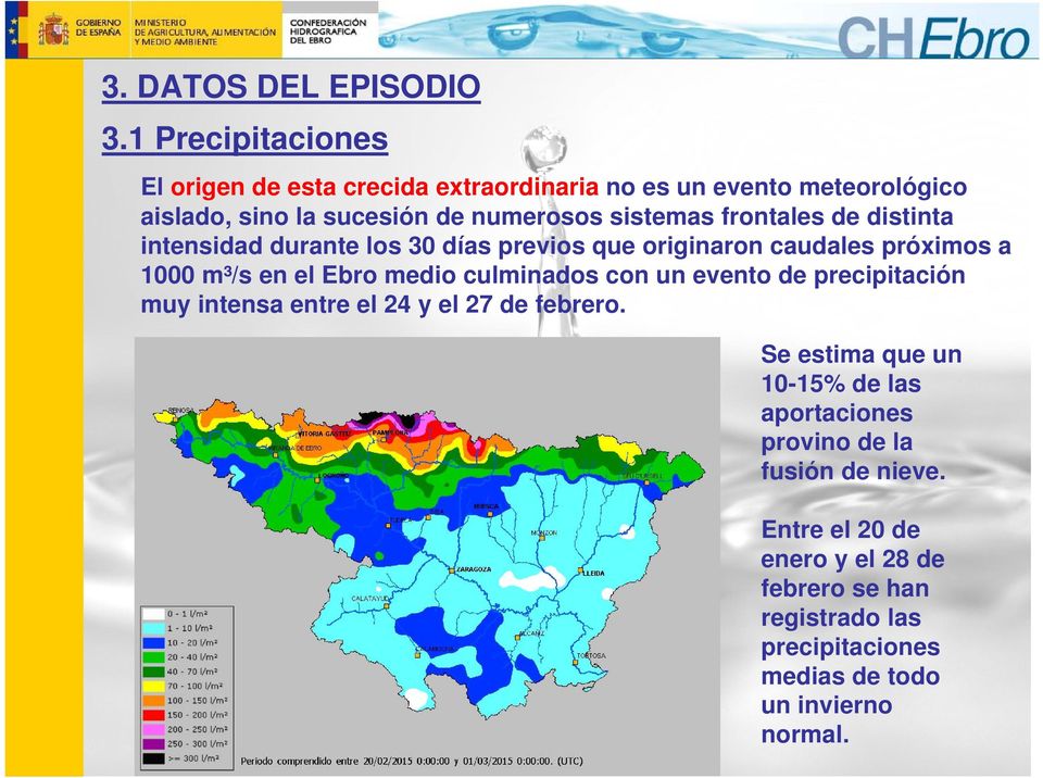 frontales de distinta intensidad durante los 30 días previos que originaron caudales próximos a 1000 m³/s en el Ebro medio culminados con