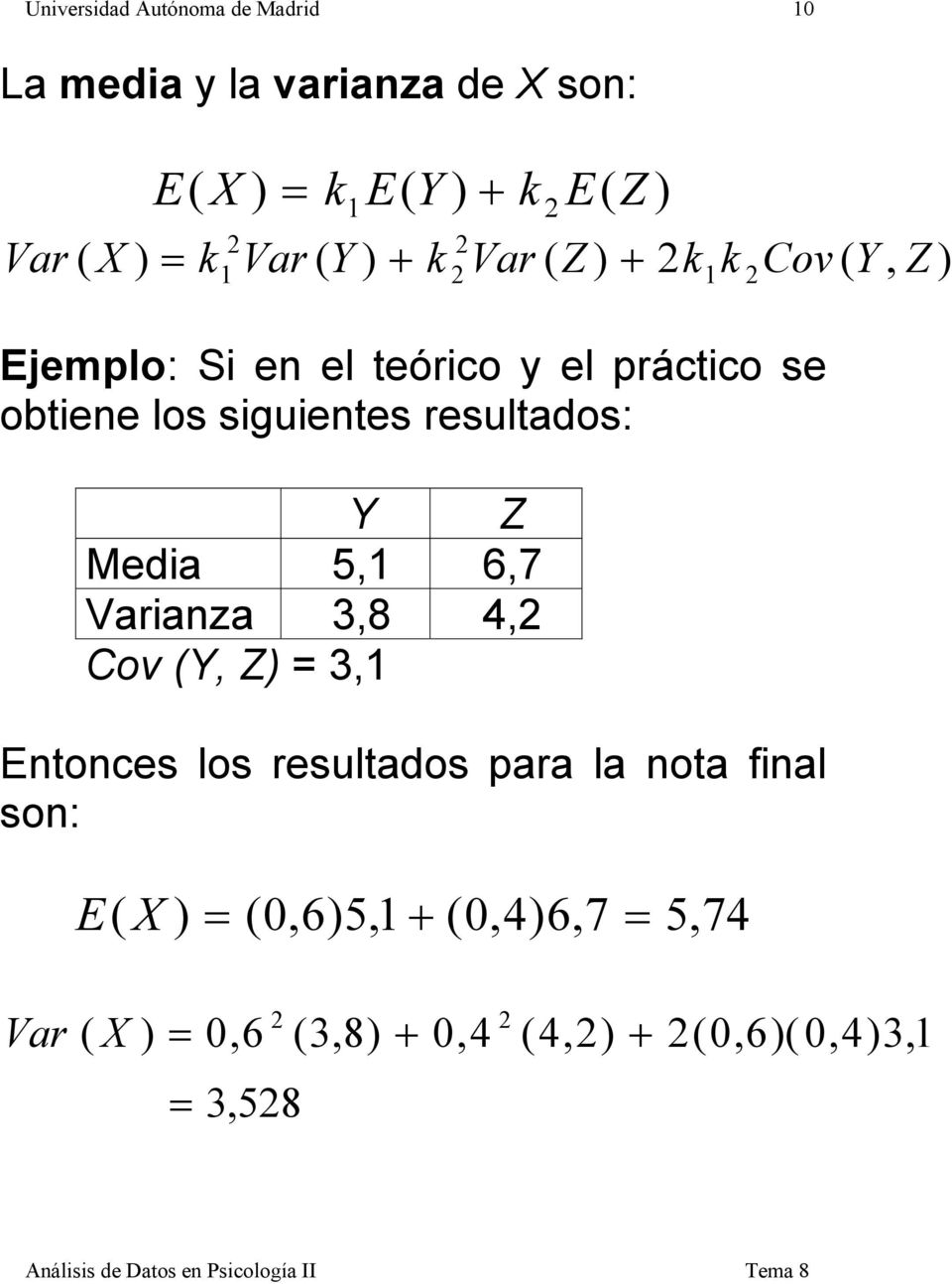 Meda 5,1 6,7 Varanza 3,8 4, Cov (, Z 3,1 Entonces los resultados para la nota fnal son: E (