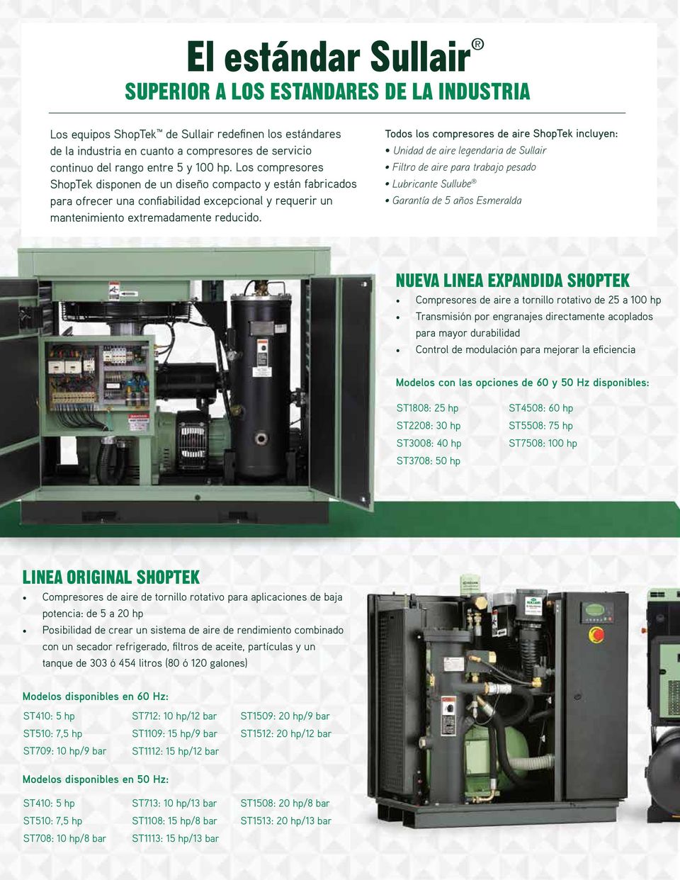 Todos los compresores de aire ShopTek incluyen: Unidad de aire legendaria de Sullair Filtro de aire para trabajo pesado Lubricante Sullube Garantía de 5 años Esmeralda NUEVA LINEA EXPANDIDA SHOPTEK