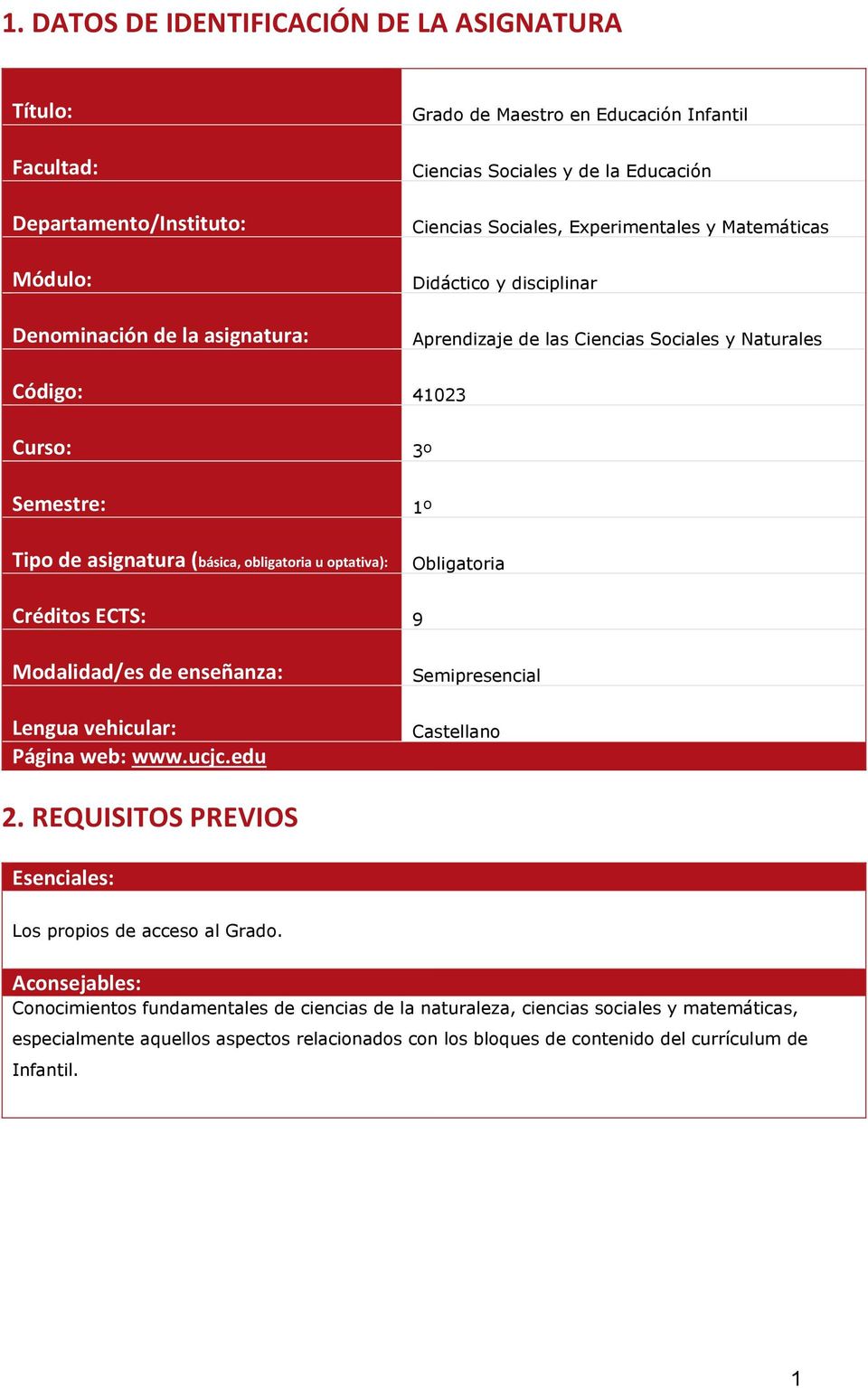 optativa): Obligatoria Créditos ECTS: 9 Modalidad/es de enseñanza: Lengua vehicular: Página web: www.ucjc.edu Semipresencial Castellano 2.