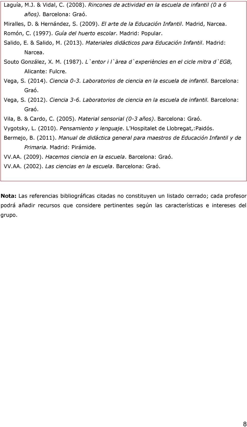 L`entor i l`àrea d`experiències en el cicle mitra d`egb, Alicante: Fulcre. Vega, S. (2014). Ciencia 0-3. Laboratorios de ciencia en la escuela de infantil. Barcelona: Graó. Vega, S. (2012).