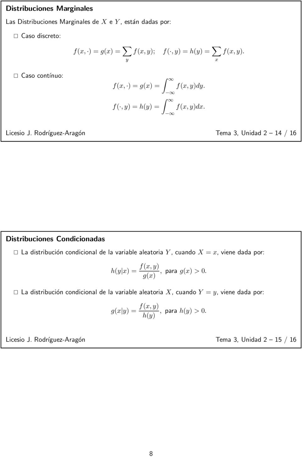 Rodríguez-Aragón Tema 3, Unidad 2 14 / 16 Distribuciones Condicionadas La distribución condicional de la variable aleatoria Y, cuando X = x, viene