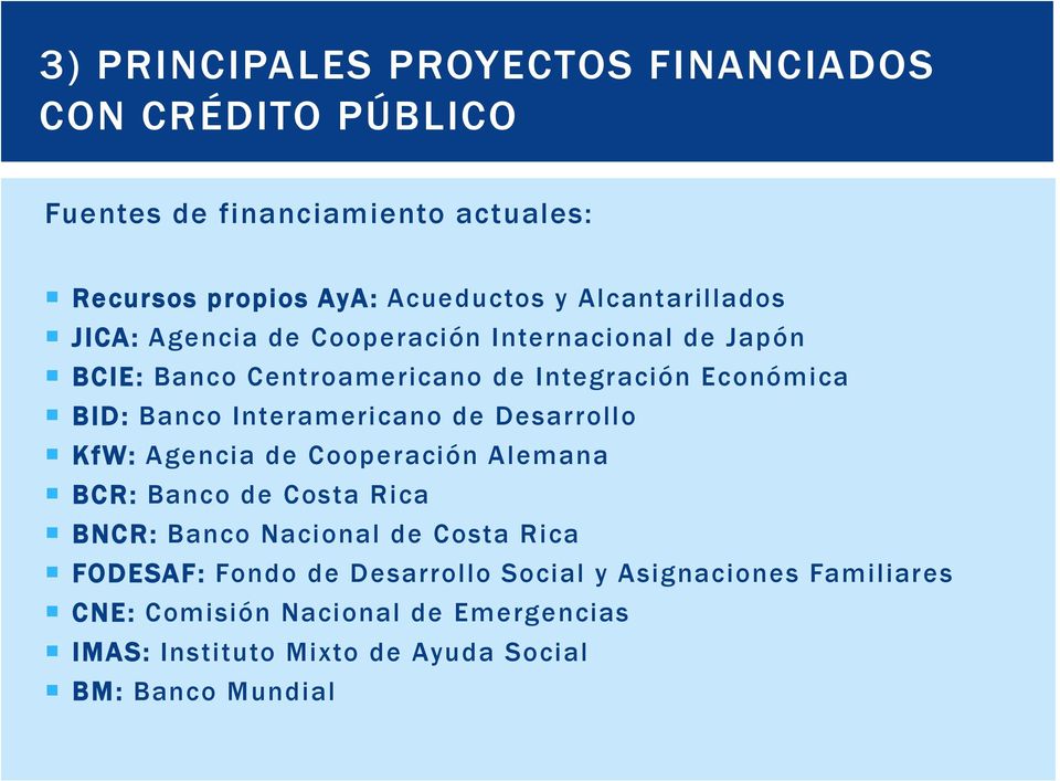 Interamericano de Desarrollo KfW: A gencia de Cooperación Alemana BCR: Banco de Costa Rica BNCR: Banco Nacional de Costa Rica FODESAF: