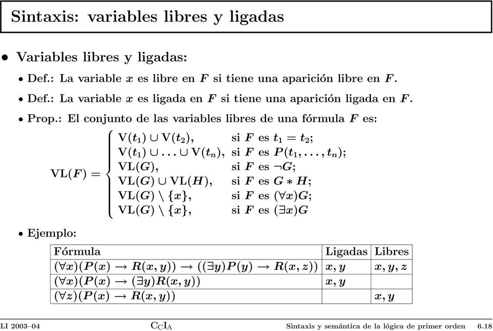 .., t n ); VL(G), si F es G; VL(F ) = VL(G) VL(H), si F es G H; VL(G) \ {x}, si F es ( x)g; VL(G) \ {x}, si F es ( x)g Ejemplo: Fórmula Ligadas Libres ( x)(p (x)