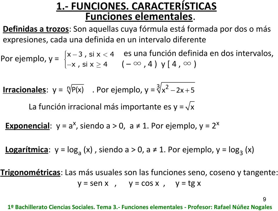 x 4 x, si x 4 es una función definida en dos intervalos, (,4) y[4, ) Irracionales: y = n P(x).