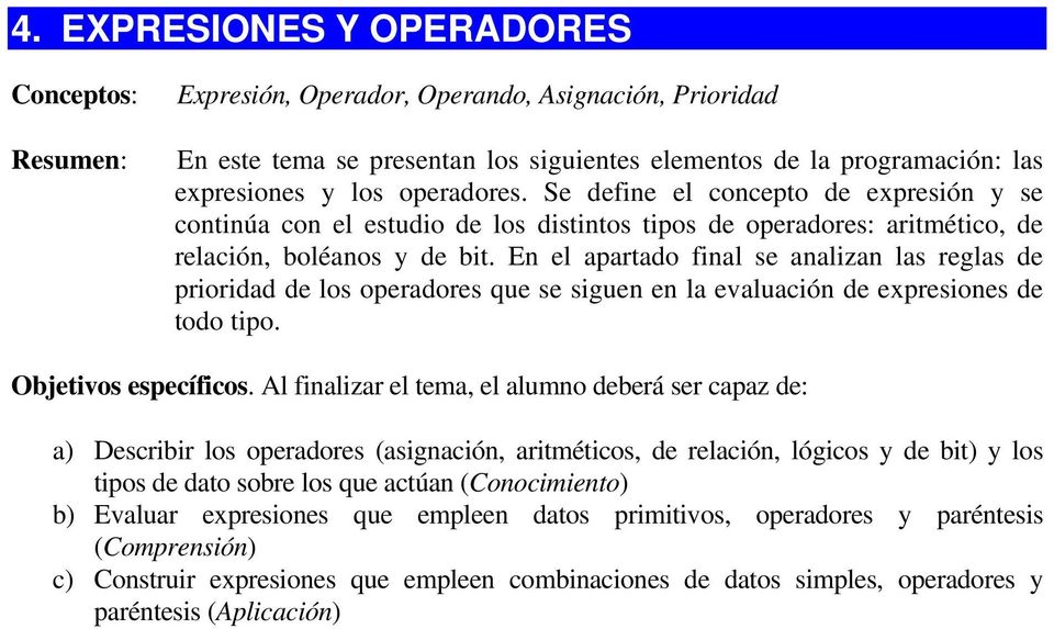 En el apartado final se analizan las reglas de prioridad de los operadores que se siguen en la evaluación de expresiones de todo tipo. Objetivos específicos.