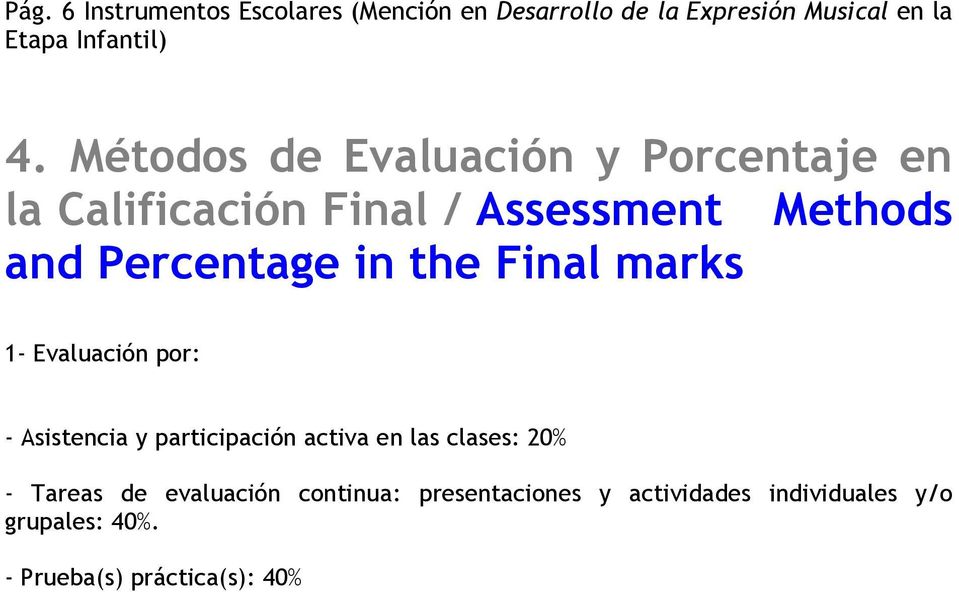 the Final marks 1- Evaluación por: - Asistencia y participación activa en las clases: 20% - Tareas