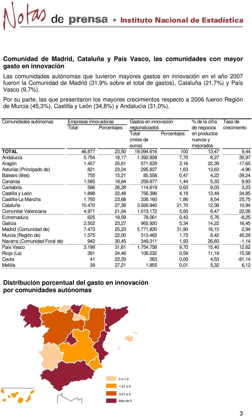Por su parte, las que presentaron los mayores crecimientos respecto a 2006 fueron Región de Murcia (45,3%), Castilla y León (34,8%) y Andalucía (31,0%).