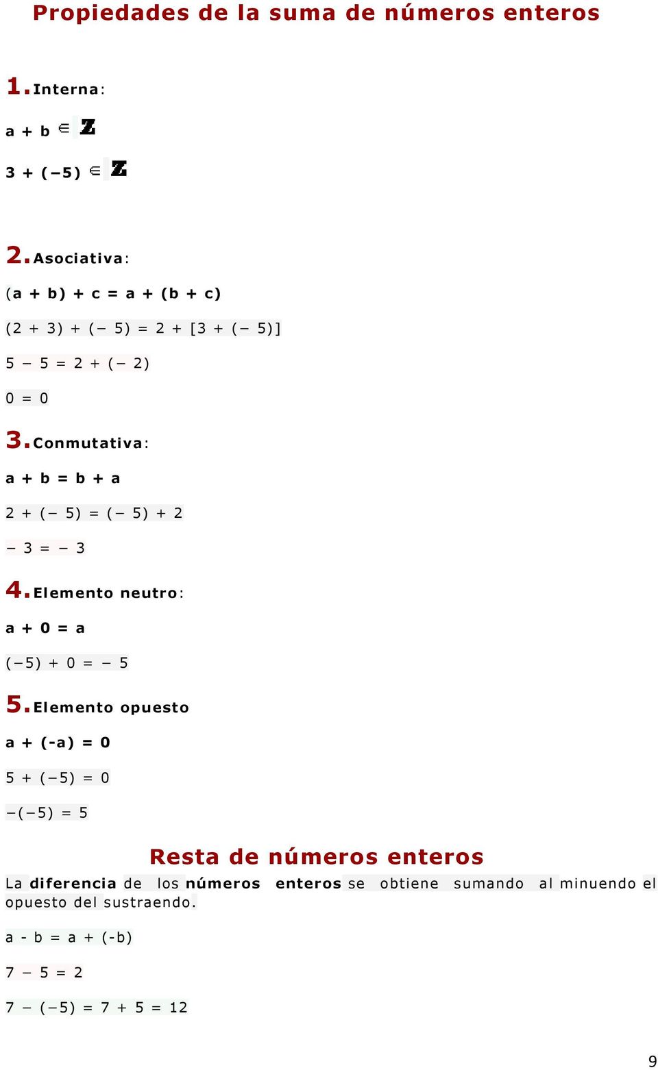 Conmutativa: a + b = b + a 2 + ( 5) = ( 5) + 2 3 = 3 4. Elemento neutro: a + 0 = a ( 5) + 0 = 5 5.