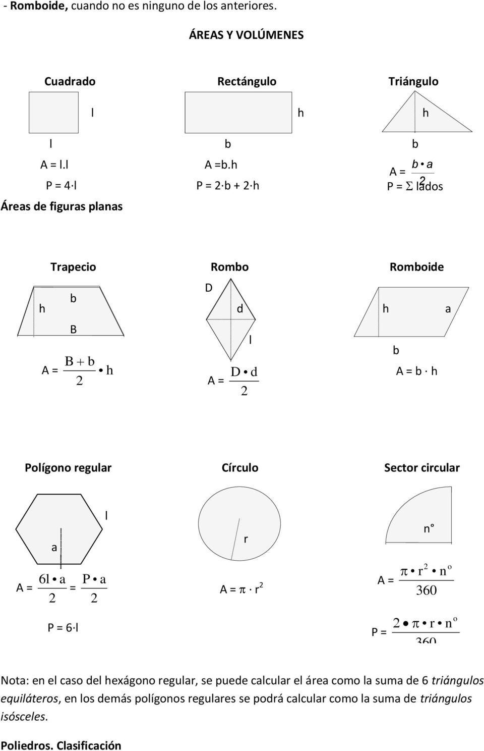 h a A = P = 4 l P = 2 + 2 h P = lados 2 Áreas de figuras planas Trapecio h B A = B h 2 P = lados D Romo d l A = D d 2 P = 4 l Romoide h a A = h P = 2 + 2