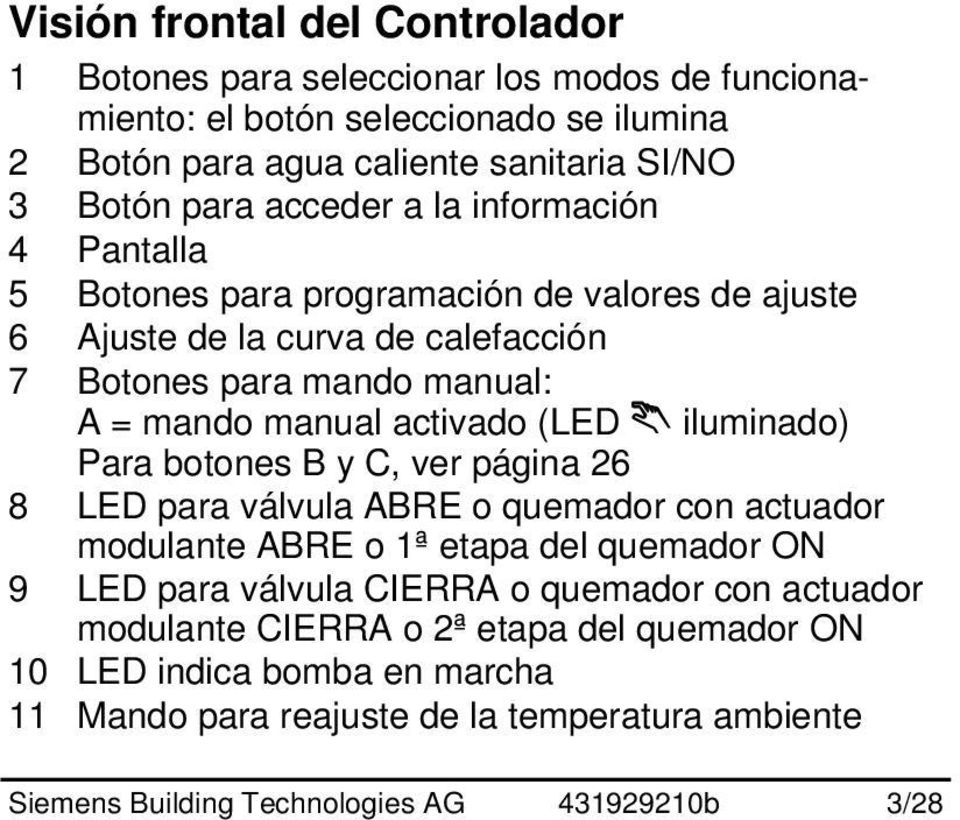 (LED iluminado) Para botones B y C, ver página 26 8 LED para válvula ABRE o quemador con actuador modulante ABRE o 1ª etapa del quemador ON 9 LED para válvula CIERRA o quemador