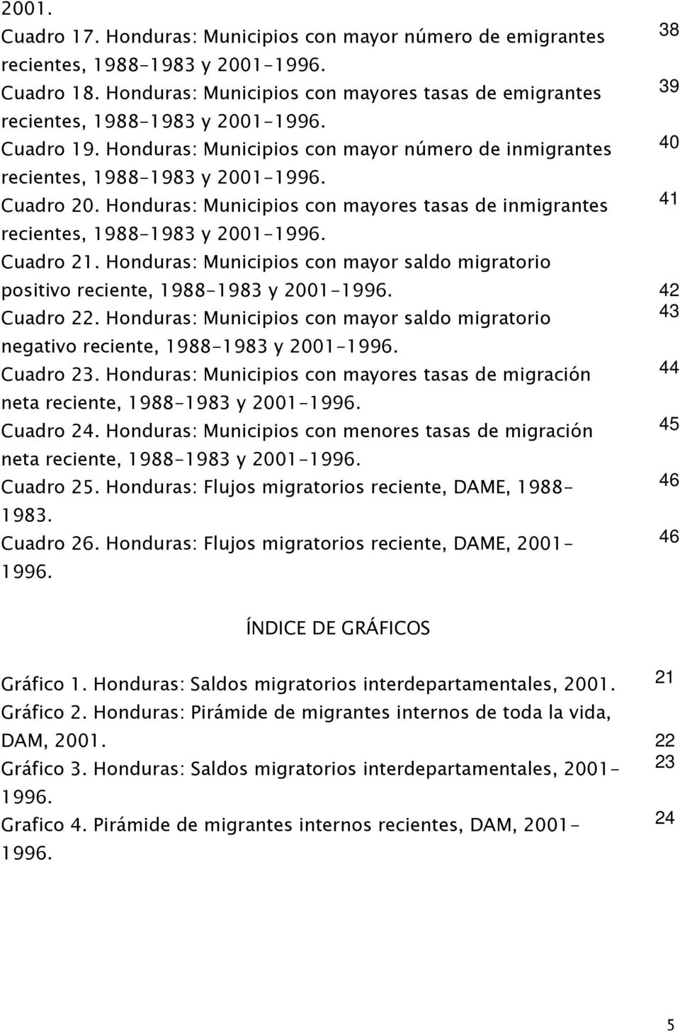 Cuadro 20. Honduras: Municipios con mayores tasas de inmigrantes 41 recientes, 1988-1983 y 2001-1996. Cuadro 21.