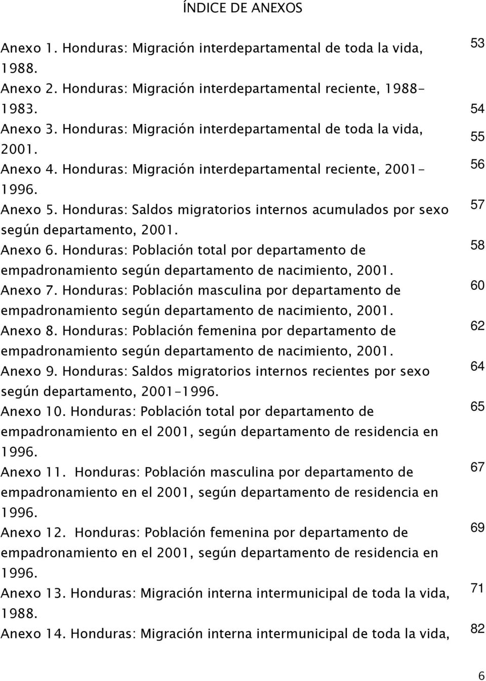 Honduras: Saldos migratorios internos acumulados por sexo 57 según departamento, 2001. Anexo 6. Honduras: total por departamento de 58 empadronamiento según departamento de nacimiento, 2001. Anexo 7.