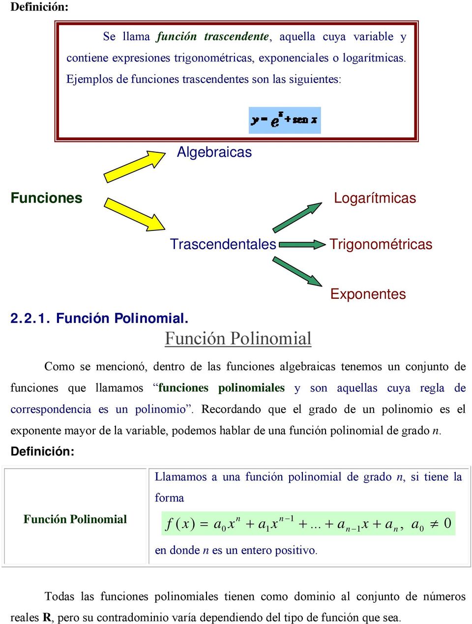Función Polinomial Eponentes Como se mencionó, dentro de las funciones algebraicas tenemos un conjunto de funciones que llamamos funciones polinomiales y son aquellas cuya regla de correspondencia es
