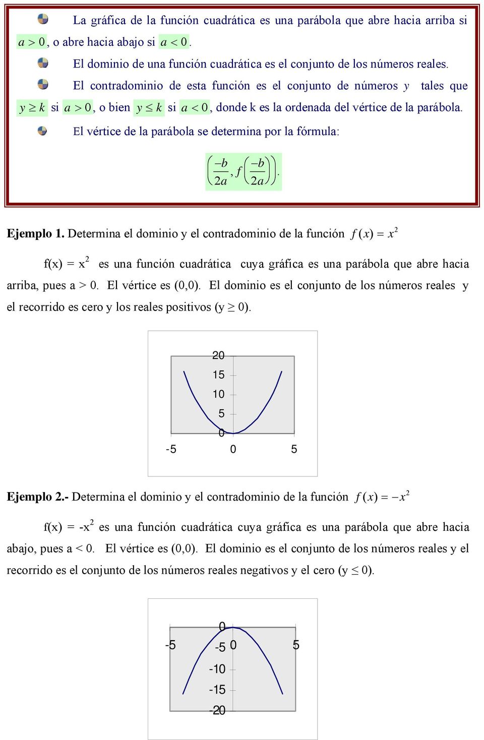 El vértice de la parábola se determina por la fórmula: b a f b,. a Ejemplo 1.