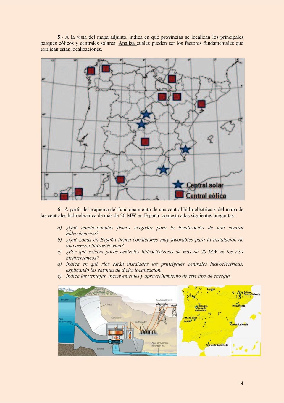 - A partir del esquema del funcionamiento de una central hidroeléctrica y del mapa de las centrales hidroeléctrica de más de 20 MW en España, contesta a las siguientes preguntas: a) Qué