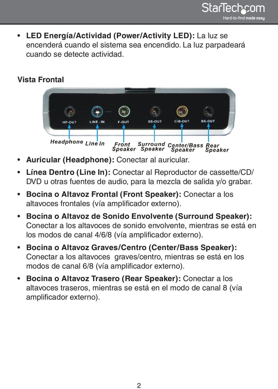 Bocina o Altavoz Frontal (Front Speaker): Conectar a los altavoces frontales (vía amplificador externo).