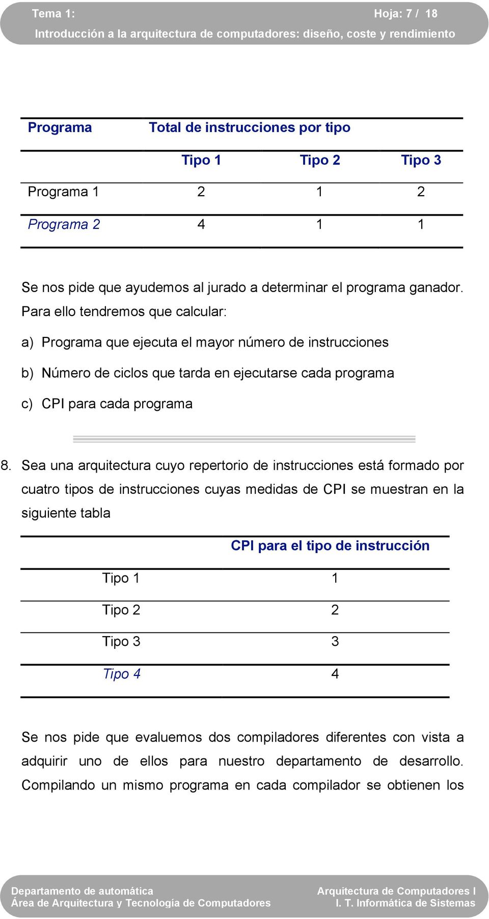 Sea una arquitectura cuyo repertorio de instrucciones está formado por cuatro tipos de instrucciones cuyas medidas de CPI se muestran en la siguiente tabla CPI para el tipo de instrucción Tipo 1