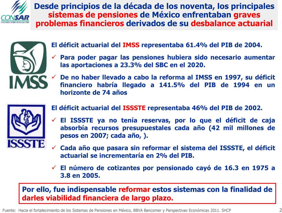 De no haber llevado a cabo la reforma al IMSS en 1997, su déficit financiero habría llegado a 141.