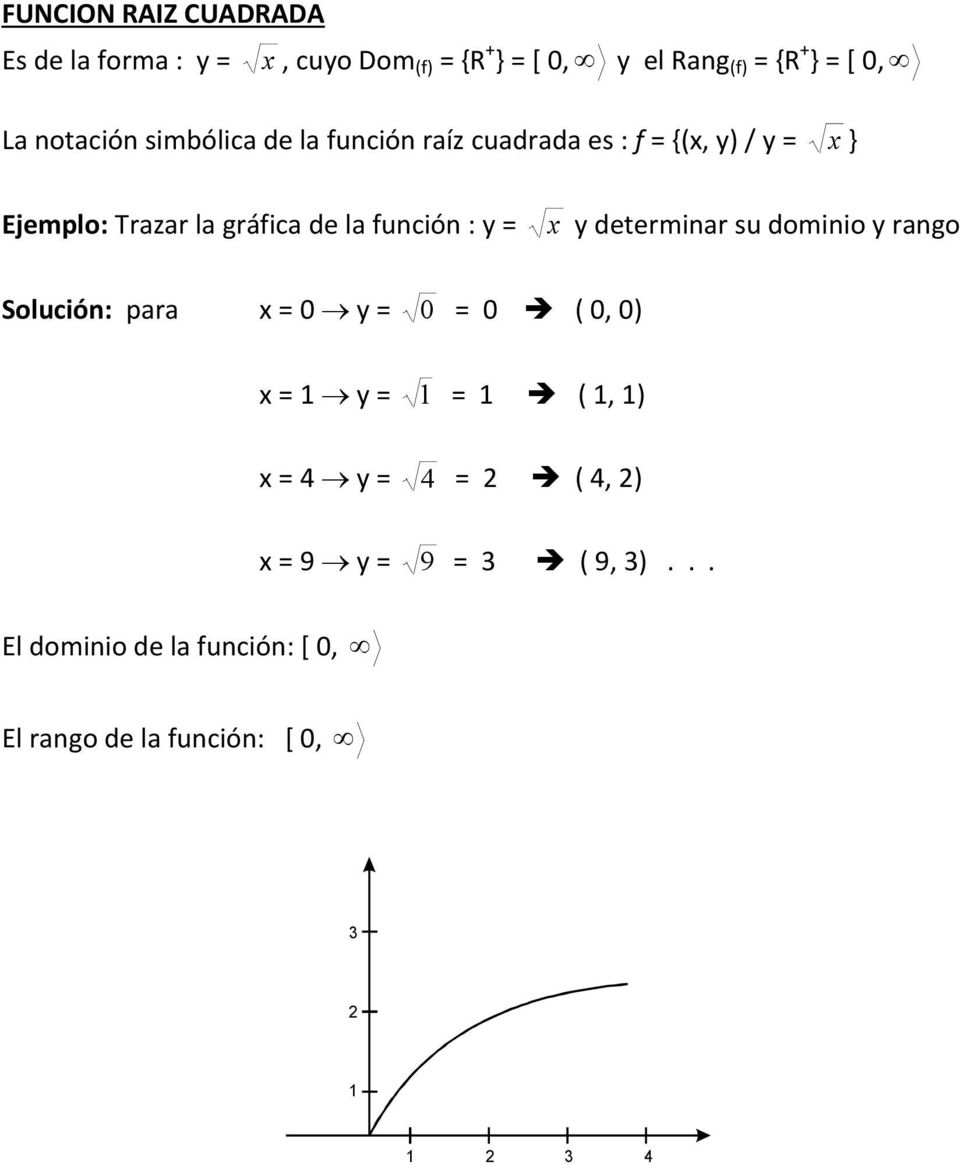 función : y = x y determinar su dominio y rango Solución: para x = 0 y = 0 = 0 ( 0, 0) x = 1 y = 1 = 1 ( 1, 1)