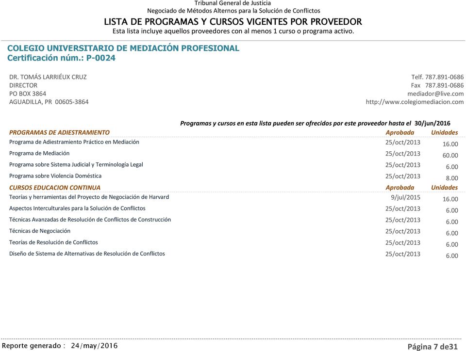 00 Programa de Mediación 25/oct/2013 60.00 Programa sobre Sistema Judicial y Terminología Legal 25/oct/2013 6.00 Programa sobre Violencia Doméstica 25/oct/2013 8.