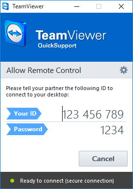 11 Módulos de TeamViewer La ventana principal de QuickSupport. Este módulo le permite aceptar conexiones entrantes de control remoto, pero no establecer conexiones salientes.