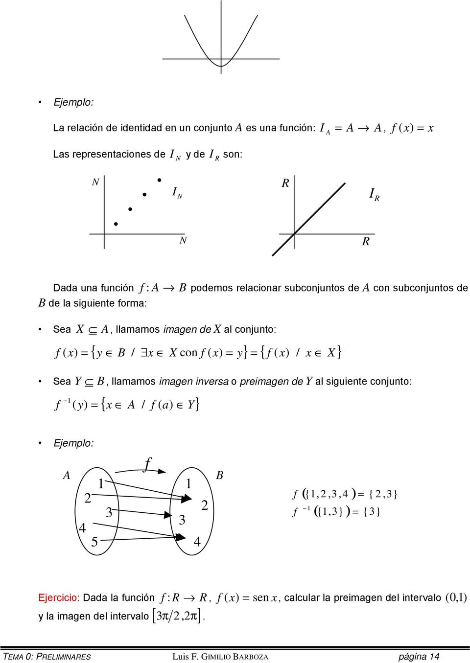 ( x) x X Se Y, llmmos imgen invers o preimgen de Y l siguiente conjunto: { / } ( y) = x ( ) Y Ejemplo: 3 3 ({,,3, 4 ) = ({,3} ) = {3} {,3} 4 5 4