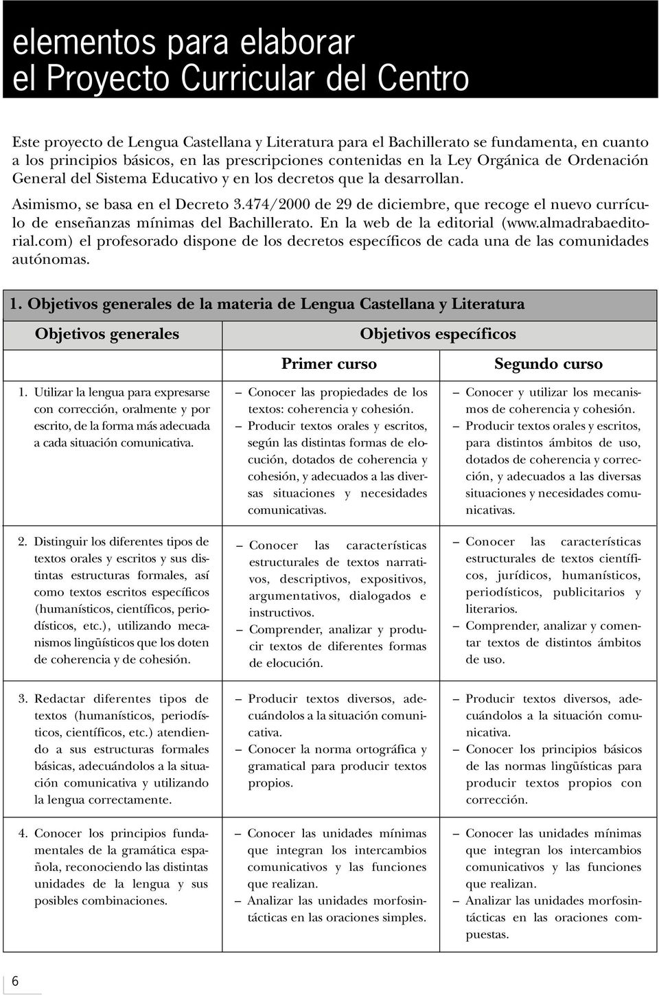 474/2000 de 29 de diciembre, que recoge el nuevo currículo de enseñanzas mínimas del Bachillerato. En la web de la editorial (www.almadrabaeditorial.