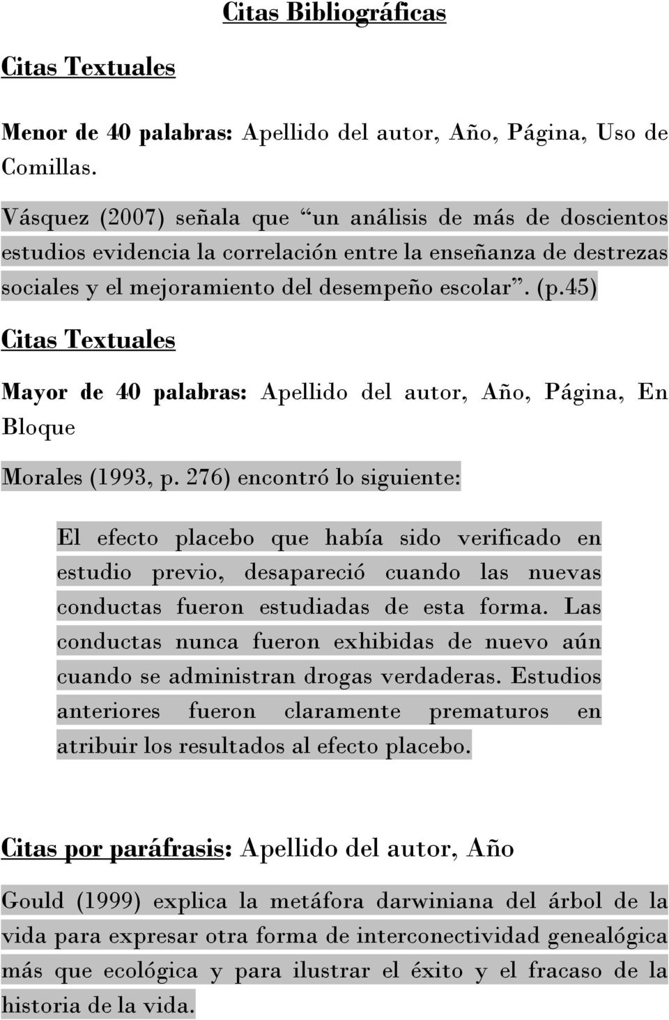 45) Citas Textuales Mayor de 40 palabras: Apellido del autor, Año, Página, En Bloque Morales (1993, p.