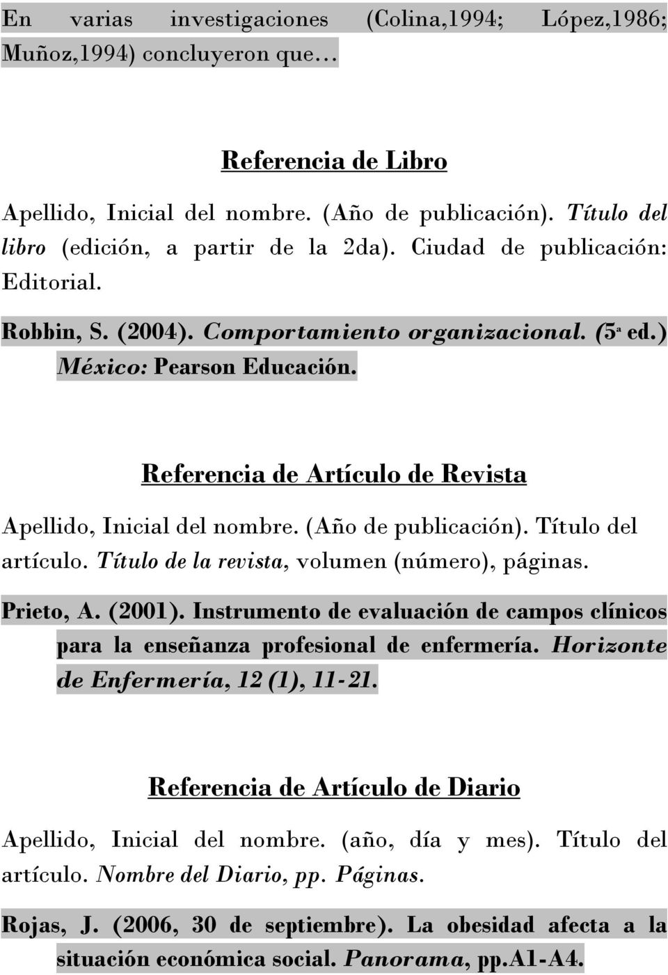 (Año de publicación). Título del artículo. Título de la revista, volumen (número), páginas. Prieto, A. (2001). Instrumento de evaluación de campos clínicos para la enseñanza profesional de enfermería.