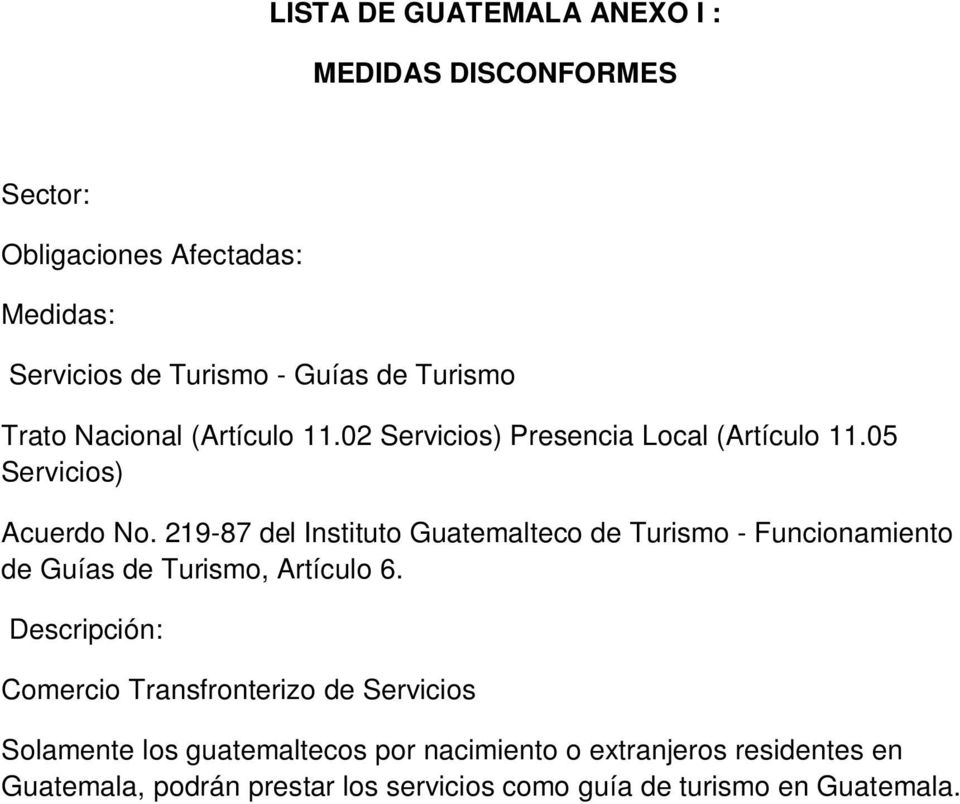 219-87 del Instituto Guatemalteco de Turismo - Funcionamiento de Guías de Turismo, Artículo 6.