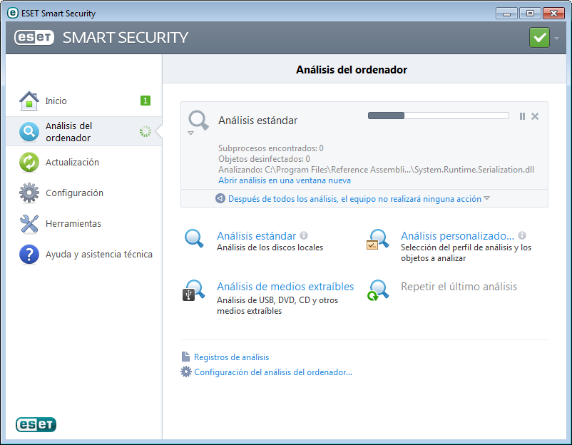 otros módulos del programa. ESET Smart Security muestra una notificación en la bandeja del sistema y en la ventana principal del programa en cuanto finaliza la instalación de una nueva actualización.