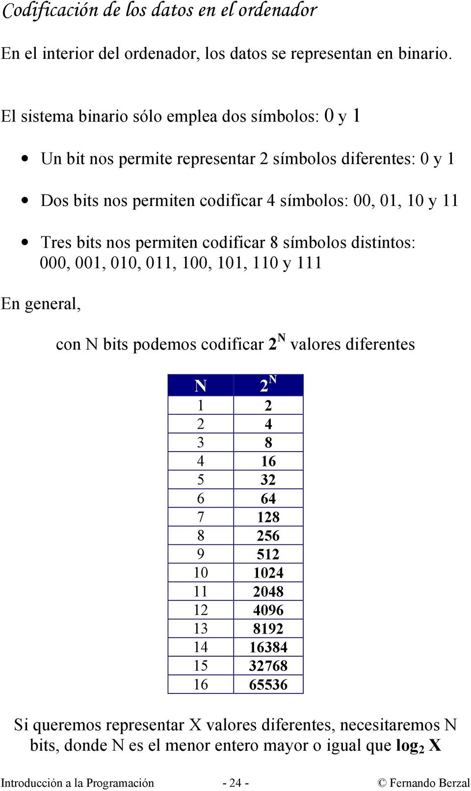 nos permiten codificar 8 símbolos distintos: 000, 001, 010, 011, 100, 101, 110 y 111 En general, con N bits podemos codificar 2 N valores diferentes N 1 2 2 4 3 8 4 16 5 32 6 64 7
