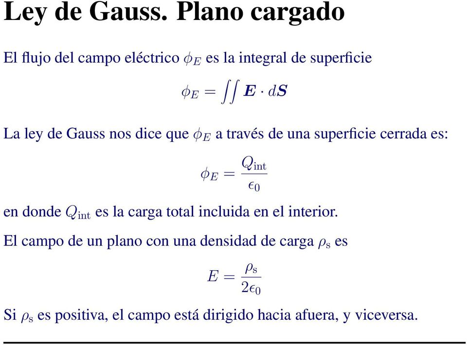 de Gauss nos dice que φ E a través de una superficie cerrada es: φ E = Q int ɛ 0 en donde Q int