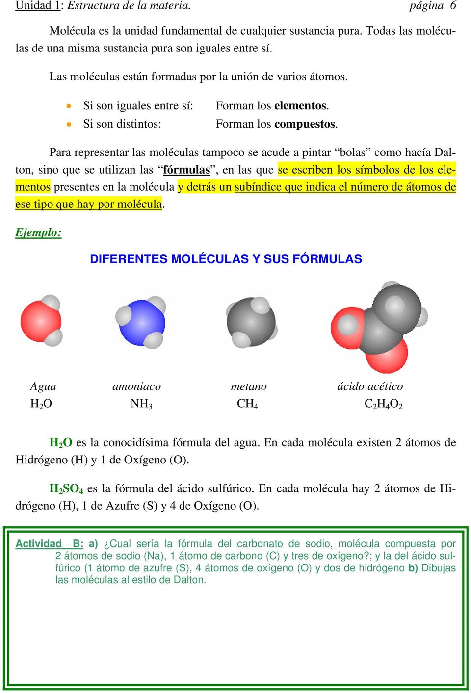Para representar las moléculas tampoco se acude a pintar bolas como hacía Dalton, sino que se utilizan las fórmulas, en las que se escriben los símbolos de los elementos presentes en la molécula y