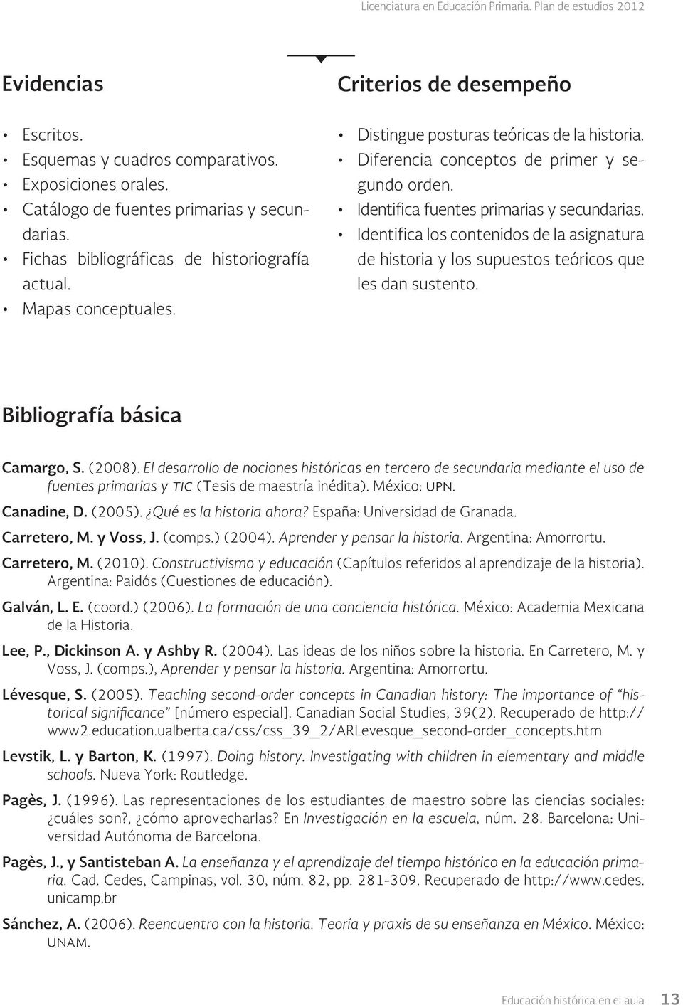 Identifica los contenidos de la asignatura de historia y los supuestos teóricos que les dan sustento. Bibliografía básica Camargo, S. (2008).