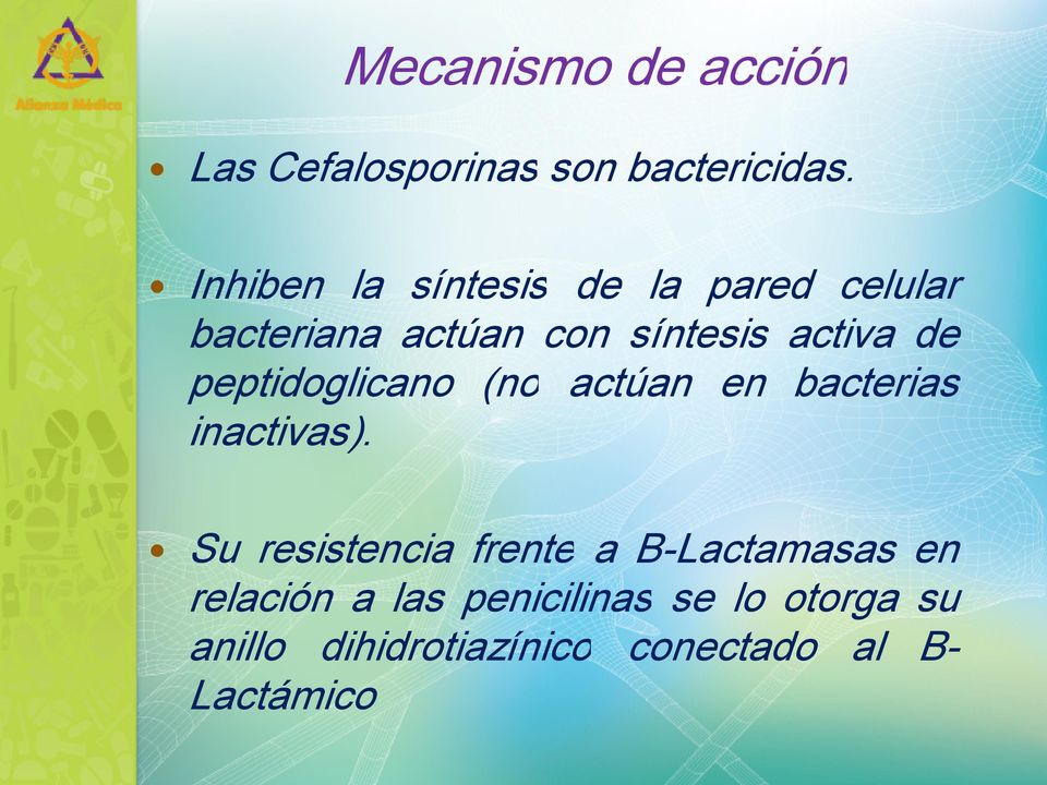 peptidoglicano (no actúan en bacterias inactivas).