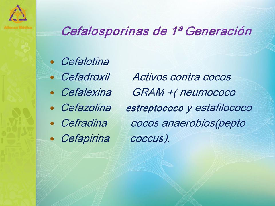 Cefapirina Activos contra cocos GRAM +( neumococo