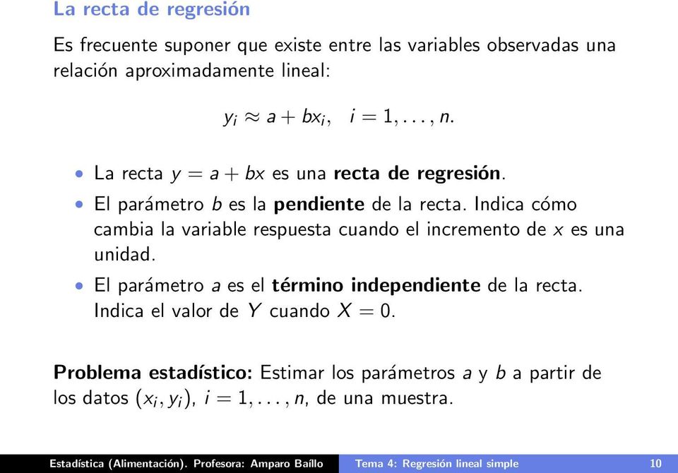 Indica cómo cambia la variable respuesta cuando el incremento de x es una unidad. El parámetro a es el término independiente de la recta.