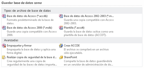 Trabajar con archivos nuevos y antiguos de Access Las bases de datos de Access 2010 (y Access 2007) usan un nuevo formato para guardar archivos.