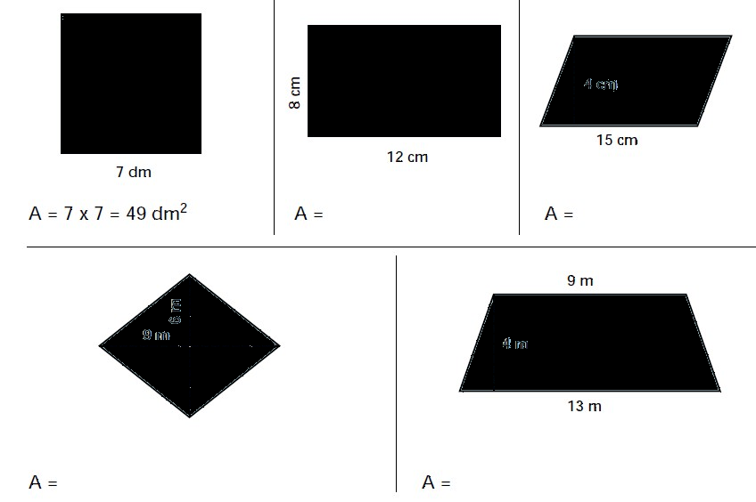 T10A22. Calcular el área de los siguientes polígonos. a) b) c) d) e) T10A23. Calcular la superficie de un rombo que tiene 5 cm de diagonal menor y 6 cm de diagonal mayor. T10A24.