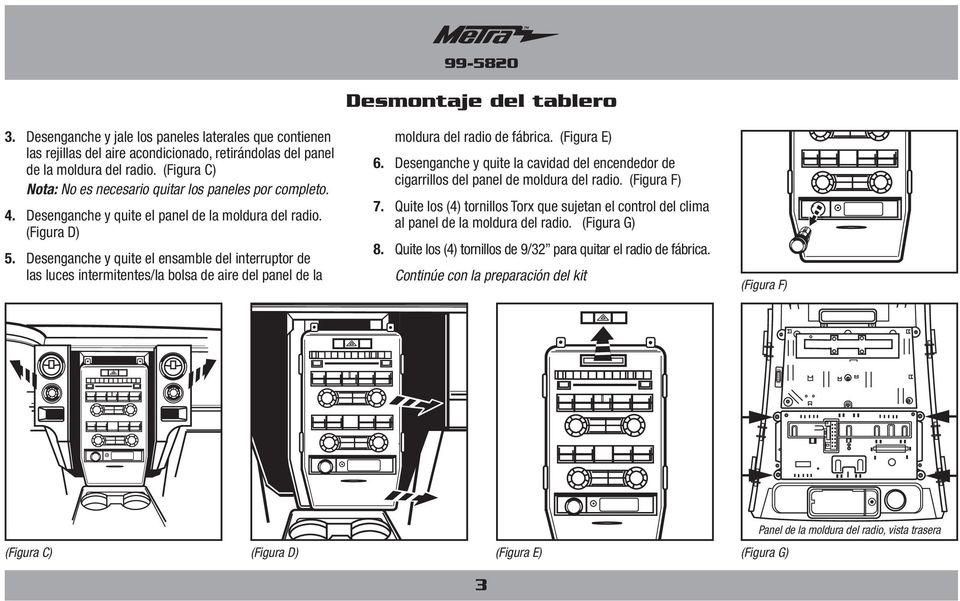 Desenganche y quite el ensamble del interruptor de las luces intermitentes/la bolsa de aire del panel de la 99-5820 Desmontaje del tablero moldura del radio de fábrica. (Figura E) 6.