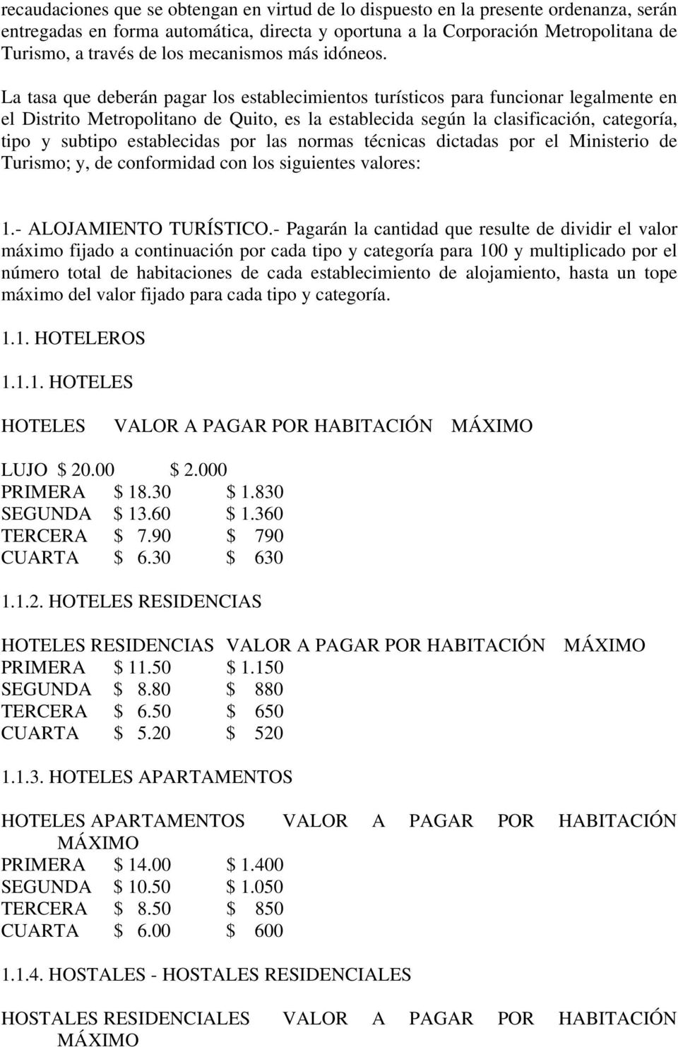 La tasa que deberán pagar los establecimientos turísticos para funcionar legalmente en el Distrito Metropolitano de Quito, es la establecida según la clasificación, categoría, tipo y subtipo