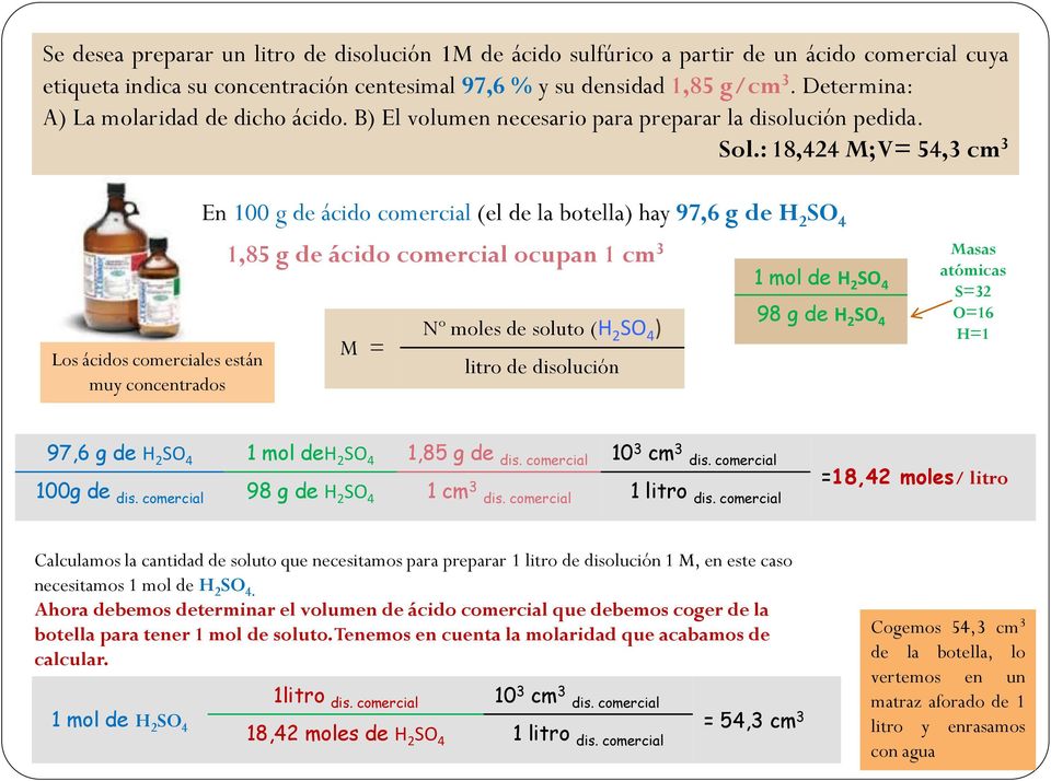 : 18,424 M; V= 54,3 cm 3 Los ácidos comerciales están muy concentrados En 100 g de ácido comercial (el de la botella) hay 97,6 g de H 2 SO 4 1,85 g de ácido comercial ocupan 1 cm 3 M = Nº moles de