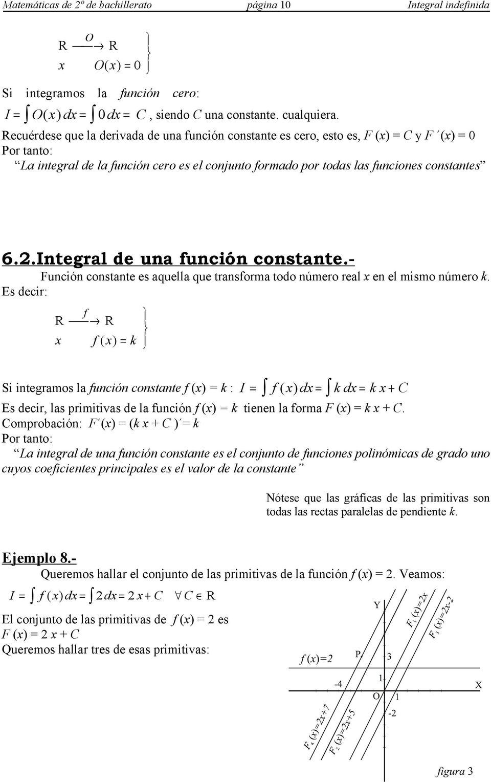 Recuérdese que la derivada de una función constante es cero, esto es, F () = C y F () = 0 Por tanto: La integral de la función cero es el conjunto formado por todas las funciones constantes I = O( )