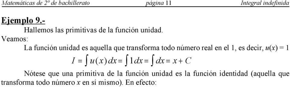 transforma todo número en sí mismo). En efecto: L Para C = 0 tenemos la primitiva I () = + 0 =. Observa que su derivada es u() =. Ejercicio 8.