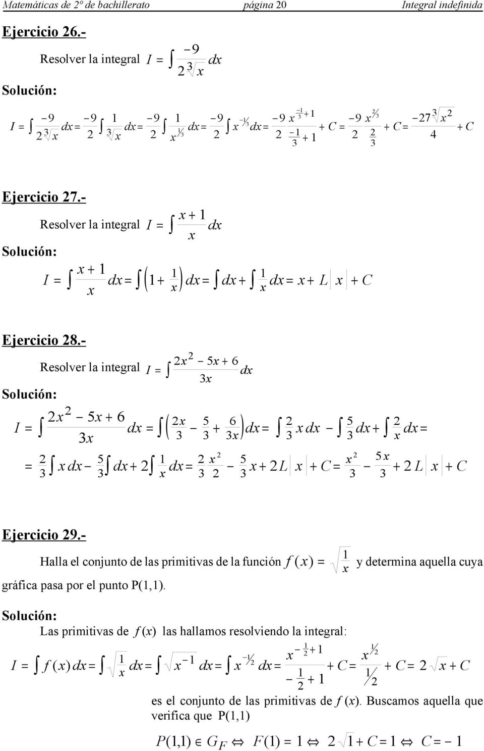 - Halla el conjunto de las primitivas de la función f ( ) = y determina aquella cuya gráfica pasa por el punto P(,).