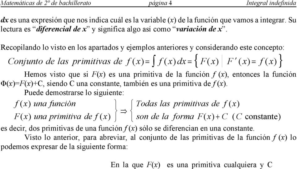 Recopilando lo visto en los apartados y ejemplos anteriores y considerando este concepto: Conjunto de las primitivas de f ( ) = f ( ) d = { F( ) F ( ) = f ( ) } Hemos visto que si F() es una