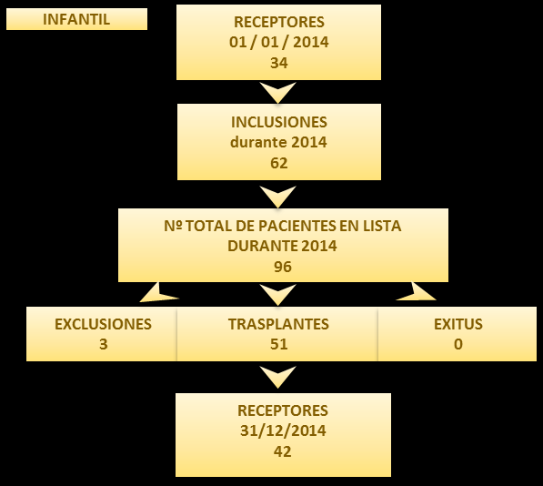 En el mismo periodo, los receptores infantiles han pasado de 34 a 42. (Fig. 4.19). Todas las listas incluyen pacientes en lista de espera para trasplante de hígado-intestino. Fig. 4.19. Evolución de la lista de espera (Incluidos pacientes <16 años).